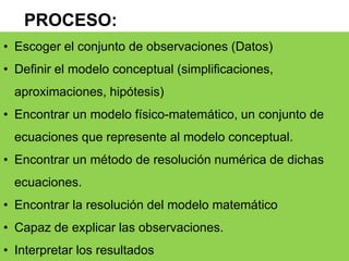 PROCESO:
• Escoger el conjunto de observaciones (Datos)
• Definir el modelo conceptual (simplificaciones,
aproximaciones, hipótesis)
• Encontrar un modelo físico-matemático, un conjunto de
ecuaciones que represente al modelo conceptual.
• Encontrar un método de resolución numérica de dichas
ecuaciones.
• Encontrar la resolución del modelo matemático
• Capaz de explicar las observaciones.
• Interpretar los resultados
 