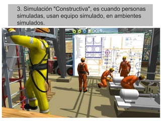 3. Simulación "Constructiva", es cuando personas
simuladas, usan equipo simulado, en ambientes
simulados.
 