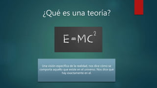 ¿Qué es una teoría?
Una visión específica de la realidad, nos dice cómo se
comporta aquello que existe en el universo. Nos...