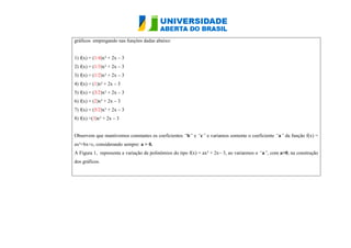 gráficos empregando nas funções dadas abaixo: 1) f(x) = (1/4)x² + 2x – 3 2) f(x) = (1/3)x² + 2x – 3 3) f(x) = (1/2)x² + 2x – 3 4) f(x) = (1)x² + 2x – 3 5) f(x) = (3/2)x² + 2x – 3 6) f(x) = (2)x² + 2x – 3 7) f(x) = (5/2)x² + 2x – 3 8) f(x) =(3)x² + 2x – 3 Observem que mantivemos constantes os coeficientes “b” e “c” e variamos somente o coeficiente “a” da função f(x) = ax²+bx+c, considerando sempre: a > 0. A Figura 1, representa a variação de polinômios do tipo f(x) = ax² + 2x– 3, ao variarmos o “a”, com a>0, na construção dos gráficos.  