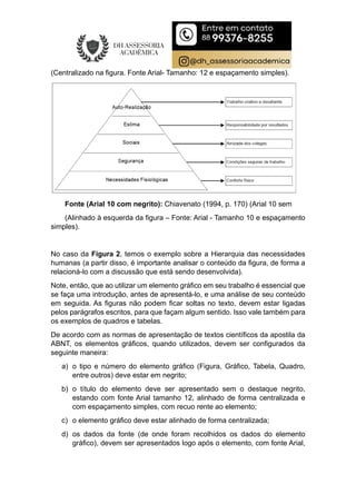 (Centralizado na figura. Fonte Arial- Tamanho: 12 e espaçamento simples).
Fonte (Arial 10 com negrito): Chiavenato (1994, p. 170) (Arial 10 sem
(Alinhado à esquerda da figura – Fonte: Arial - Tamanho 10 e espaçamento
simples).
No caso da Figura 2, temos o exemplo sobre a Hierarquia das necessidades
humanas (a partir disso, é importante analisar o conteúdo da figura, de forma a
relacioná-lo com a discussão que está sendo desenvolvida).
Note, então, que ao utilizar um elemento gráfico em seu trabalho é essencial que
se faça uma introdução, antes de apresentá-lo, e uma análise de seu conteúdo
em seguida. As figuras não podem ficar soltas no texto, devem estar ligadas
pelos parágrafos escritos, para que façam algum sentido. Isso vale também para
os exemplos de quadros e tabelas.
De acordo com as normas de apresentação de textos científicos da apostila da
ABNT, os elementos gráficos, quando utilizados, devem ser configurados da
seguinte maneira:
a) o tipo e número do elemento gráfico (Figura, Gráfico, Tabela, Quadro,
entre outros) deve estar em negrito;
b) o título do elemento deve ser apresentado sem o destaque negrito,
estando com fonte Arial tamanho 12, alinhado de forma centralizada e
com espaçamento simples, com recuo rente ao elemento;
c) o elemento gráfico deve estar alinhado de forma centralizada;
d) os dados da fonte (de onde foram recolhidos os dados do elemento
gráfico), devem ser apresentados logo após o elemento, com fonte Arial,
 