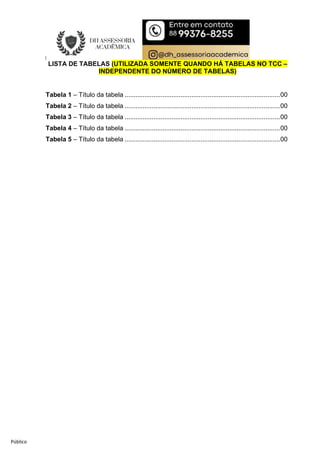 Público
LISTA DE TABELAS (UTILIZADA SOMENTE QUANDO HÁ TABELAS NO TCC –
INDEPENDENTE DO NÚMERO DE TABELAS)
Tabela 1 – Título da tabela ......................................................................................00
Tabela 2 – Título da tabela ......................................................................................00
Tabela 3 – Título da tabela ......................................................................................00
Tabela 4 – Título da tabela ......................................................................................00
Tabela 5 – Título da tabela ......................................................................................00
 