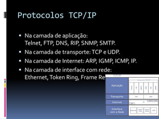 Protocolos TCP/IP
 Na camada de aplicação:
Telnet, FTP, DNS, RIP, SNMP, SMTP.
 Na camada de transporte:TCP e UDP.
 Na camada de Internet: ARP, IGMP, ICMP, IP.
 Na camada de interface com rede:
Ethernet,Token Ring, Frame Relay, ATM.
 