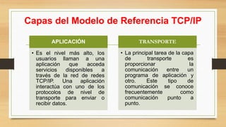 Capas del Modelo de Referencia TCP/IP
APLICACIÓN
• Es el nivel más alto, los
usuarios llaman a una
aplicación que acceda
servicios disponibles a
través de la red de redes
TCP/IP. Una aplicación
interactúa con uno de los
protocolos de nivel de
transporte para enviar o
recibir datos.
TRANSPORTE
• La principal tarea de la capa
de transporte es
proporcionar la
comunicación entre un
programa de aplicación y
otro. Este tipo de
comunicación se conoce
frecuentemente como
comunicación punto a
punto.
 