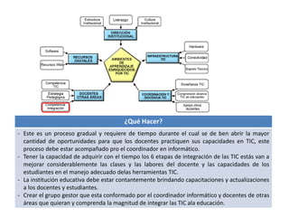 ¿Qué Hacer? 
- Este es un proceso gradual y requiere de tiempo durante el cual se de ben abrir la mayor 
cantidad de oportunidades para que los docentes practiquen sus capacidades en TIC, este 
proceso debe estar acompañado pro el coordinador en informático. 
- Tener la capacidad de adquirir con el tiempo los 6 etapas de integración de las TIC estás van a 
mejorar considerablemente las clases y las labores del docente y las capacidades de los 
estudiantes en el manejo adecuado delas herramientas TIC. 
- La institución educativa debe estar contantemente brindando capacitaciones y actualizaciones 
a los docentes y estudiantes. 
- Crear el grupo gestor que esta conformado por el coordinador informático y docentes de otras 
áreas que quieran y comprenda la magnitud de integrar las TIC ala educación. 
 