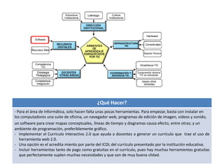 ¿Qué Hacer? 
- Para el área de informática, solo hacen falta unas pocas herramientas. Para empezar, basta con instalar en 
los computadores una suite de oficina, un navegador web, programas de edición de imagen, videos y sonido, 
un software para crear mapas conceptuales, líneas de tiempo y diagramas causa efecto, entre otras; y un 
ambiente de programación, preferiblemente gráfico. 
- Implementar el Currículo Interactivo 2.0 que ayuda a docentes a generar un currículo que trae el uso de 
herramienta web 2.0. 
- Una opción es el acredita miento por parte del ICDL del currículo presentado por la institución educativa. 
- Incluir herramientas tanto de pago como gratuitas en el currículo, pues hay muchas herramientas gratuitas 
que perfectamente suplen muchas necesidades y que son de muy buena clidad. 
