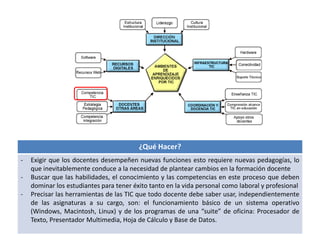 ¿Qué Hacer? 
- Exigir que los docentes desempeñen nuevas funciones esto requiere nuevas pedagogías, lo 
que inevitablemente conduce a la necesidad de plantear cambios en la formación docente 
- Buscar que las habilidades, el conocimiento y las competencias en este proceso que deben 
dominar los estudiantes para tener éxito tanto en la vida personal como laboral y profesional 
- Precisar las herramientas de las TIC que todo docente debe saber usar, independientemente 
de las asignaturas a su cargo, son: el funcionamiento básico de un sistema operativo 
(Windows, Macintosh, Linux) y de los programas de una “suite” de oficina: Procesador de 
Texto, Presentador Multimedia, Hoja de Cálculo y Base de Datos. 
 