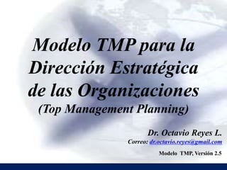 Modelo TMP para la
Dirección Estratégica
de las Organizaciones
(Top Management Planning)
Dr. Octavio Reyes L.
Correo: dr.octavio.reyes@gmail.com
Modelo TMP, Versión 2.5
 