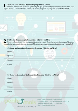 Gente Mais Consultoria e Treinamento
R. Virgílio Malta, 17-76, Vila Mesquita, Bauru - SP
Telefones: 14 3010-7681 / 14 3203-7680
Site: www.gentemais.com.br
1 Quais são suas Metas de Aprendizagem para esta Sessão?
Selecione uma ou duas Metas de Aprendizagem que queira alcançar nesta sessão e transcreva-as no
espaço abaixo. O enunciado deve conter, pelo menos, respostas às perguntas O que? e Quando?
2 Evidências de que estará alcançando o Objetivo ou Meta
Como você vai saber se está conseguindo alcançar as Metas? Como Vai saber se já conseguiu? Quais são
as evidências em todos os sistemas sensoriais? Quais as representações usando imagens, sons e sensações?
a) O que você estará vendo quando alcançar o Objetivo ou Meta?
O que:
Quando:
Por que:
Como:
b) O que você estará ouvindo quando alcançar o Objetivo ou Meta?
O que:
Quando:
Por que:
Como:
 