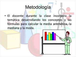 Metodología
• El docente durante la clase incorpora la
temática desarrollando los conceptos y las
fórmulas para calcular la media aritmética, la
mediana y la moda.
 