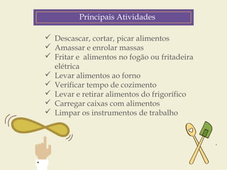 Principais Atividades 
 Descascar, cortar, picar alimentos 
 Amassar e enrolar massas 
1. 
 Fritar e alimentos no fogão ou fritadeira 
elétrica 
Identifying a person’s 
relevant a ributes: intent, 
 Levar alimentos potential ao forno 
to purchase 
 behavior, Verificar profile, tempo and/or 
de cozimento 
 firmographics Levar e retirar alimentos do frigorífico 
2. 
 Carregar caixas com alimentos 
 Limpar os instrumentos de trabalho 
Customizing that person’s 
online experience by 
presenting the most 
relevant content 
and visuals 
 