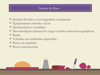 Fatores de Risco 
 Quedas devidas a escorregadelas e tropeções 
 Equipamento cortante e facas 
 Queimaduras e escaldões 
 Movimentação manual de cargas e lesões músculo-esqueléticas 
 Ruído 
Calls-to-Action User Experience 
 Trabalho em ambientes aquecidos 
 Riscos de incêndio 
Images Product Offers 
 Riscos psicossociais 
 