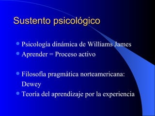 Sustento psicológico

 Psicología dinámica de Williams James
 Aprender = Proceso activo


 Filosofía pragmática norteamericana:
  Dewey
 Teoría del aprendizaje por la experiencia
 
