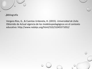 Bibliografía
Vergara Ríos, G., & Cuentas Urdaneta, H. (2015). Universidad de Zulia.
Obtenido de Actual vigencia de los modelospedagógicos en el contexto
educativo: http://www.redalyc.org/html/310/31045571052/
 