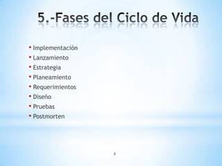 • Implementación
• Lanzamiento
• Estrategia
• Planeamiento
• Requerimientos
• Diseño
• Pruebas
• Postmorten



                   8
 
