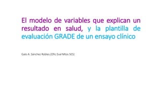 El modelo de variables que explican un
resultado en salud, y la plantilla de
evaluación GRADE de un ensayo clínico
Galo A. Sánchez Robles (Ofic Eval Mtos SES)
 