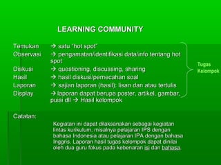 LEARNING COMMUNITY

Temukan      satu “hot spot”
Observasi    pengamatan/identifikasi data/info tentang hot
            spot
                                                                   Tugas
Diskusi      questioning, discussing, sharing                     Kelompok
Hasil        hasil diskusi/pemecahan soal
Laporan      sajian laporan (hasil): lisan dan atau tertulis
Display      laporan dapat berupa poster, artikel, gambar,
            puisi dll  Hasil kelompok

Catatan:
             Kegiatan ini dapat dilaksanakan sebagai kegiatan
             lintas kurikulum, misalnya pelajaran IPS dengan
             bahasa Indonesia atau pelajaran IPA dengan bahasa
             Inggris. Laporan hasil tugas kelompok dapat dinilai
             oleh dua guru fokus pada kebenaran isi dan bahasa.
 