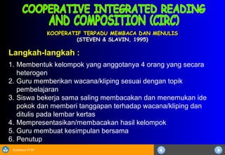 Sosialisasi KTSP
KOOPERATIF TERPADU MEMBACA DAN MENULISKOOPERATIF TERPADU MEMBACA DAN MENULIS
(STEVEN & SLAVIN, 1995)(STEVEN & SLAVIN, 1995)
Langkah-langkah :
1. Membentuk kelompok yang anggotanya 4 orang yang secara
heterogen
2. Guru memberikan wacana/kliping sesuai dengan topik
pembelajaran
3. Siswa bekerja sama saling membacakan dan menemukan ide
pokok dan memberi tanggapan terhadap wacana/kliping dan
ditulis pada lembar kertas
4. Mempresentasikan/membacakan hasil kelompok
5. Guru membuat kesimpulan bersama
6. Penutup
 