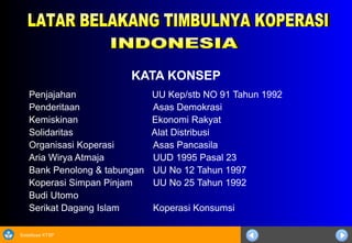 Sosialisasi KTSP
KATA KONSEP
Penjajahan UU Kep/stb NO 91 Tahun 1992
Penderitaan Asas Demokrasi
Kemiskinan Ekonomi Rakyat
Solidaritas Alat Distribusi
Organisasi Koperasi Asas Pancasila
Aria Wirya Atmaja UUD 1995 Pasal 23
Bank Penolong & tabungan UU No 12 Tahun 1997
Koperasi Simpan Pinjam UU No 25 Tahun 1992
Budi Utomo
Serikat Dagang Islam Koperasi Konsumsi
 