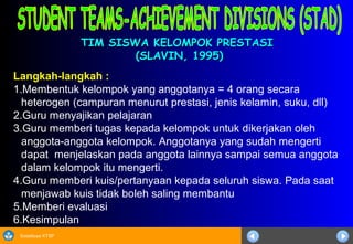 Sosialisasi KTSP
TIM SISWA KELOMPOK PRESTASITIM SISWA KELOMPOK PRESTASI
(SLAVIN, 1995)(SLAVIN, 1995)
Langkah-langkah :
1.Membentuk kelompok yang anggotanya = 4 orang secara
heterogen (campuran menurut prestasi, jenis kelamin, suku, dll)
2.Guru menyajikan pelajaran
3.Guru memberi tugas kepada kelompok untuk dikerjakan oleh
anggota-anggota kelompok. Anggotanya yang sudah mengerti
dapat menjelaskan pada anggota lainnya sampai semua anggota
dalam kelompok itu mengerti.
4.Guru memberi kuis/pertanyaan kepada seluruh siswa. Pada saat
menjawab kuis tidak boleh saling membantu
5.Memberi evaluasi
6.Kesimpulan
 