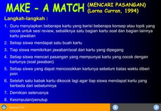Sosialisasi KTSP
(MENCARI PASANGAN)(MENCARI PASANGAN)
(Lorna Curran, 1994)(Lorna Curran, 1994)
Langkah-langkah :
1. Guru menyiapkan beberapa kartu yang berisi beberapa konsep atau topik yang
cocok untuk sesi review, sebaliknya satu bagian kartu soal dan bagian lainnya
kartu jawaban
2. Setiap siswa mendapat satu buah kartu
3. Tiap siswa memikirkan jawaban/soal dari kartu yang dipegang
4. Setiap siswa mencari pasangan yang mempunyai kartu yang cocok dengan
kartunya (soal jawaban)
5. Setiap siswa yang dapat mencocokkan kartunya sebelum batas waktu diberi
poin
6. Setelah satu babak kartu dikocok lagi agar tiap siswa mendapat kartu yang
berbeda dari sebelumnya
7. Demikian seterusnya
8. Kesimpulan/penutup
 