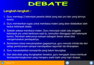 Sosialisasi KTSP
Langkah-langkah :
1. Guru membagi 2 kelompok peserta debat yang satu pro dan yang lainnya
kontra
2. Guru memberikan tugas untuk membaca materi yang akan didebatkan oleh
kedua kelompok diatas
3. Setelah selesai membaca materi, Guru menunjuk salah satu anggota
kelompok pro untuk berbicara saat itu, kemudian ditanggapi oleh kelompok
kontra. Demikian seterusnya sampai sebagian besar siswa bisa
mengemukakan pendapatnya.
4. Sementara siswa menyampaikan gagasannya, guru menulis inti/ide-ide dari
setiap pembicaraan sampai mendapatkan sejumlah ide diharapkan.
5. Guru menambahkan konsep/ide yang belum terungkap
6. Dari data-data yang diungkapkan tersebut, guru mengajak siswa membuat
kesimpulan/rangkuman yang mengacu pada topik yang ingin dicapai.
 