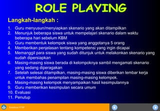 Sosialisasi KTSP
Langkah-langkah :
1. Guru menyusun/menyiapkan skenario yang akan ditampilkan
2. Menunjuk beberapa siswa untuk mempelajari skenario dalam waktu
beberapa hari sebelum KBM
3. Guru membentuk kelompok siswa yang anggotanya 5 orang
4. Memberikan penjelasan tentang kompetensi yang ingin dicapai
5. Memanggil para siswa yang sudah ditunjuk untuk melakonkan skenario yang
sudah dipersiapkan
6. Masing-masing siswa berada di kelompoknya sambil mengamati skenario
yang sedang diperagakan
7. Setelah selesai ditampilkan, masing-masing siswa diberikan lembar kerja
untuk membahas penampilan masing-masing kelompok.
8. Masing-masing kelompok menyampaikan hasil kesimpulannya
9. Guru memberikan kesimpulan secara umum
10. Evaluasi
11. Penutup
 