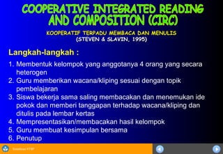Sosialisasi KTSP
KOOPERATIF TERPADU MEMBACA DAN MENULISKOOPERATIF TERPADU MEMBACA DAN MENULIS
(STEVEN & SLAVIN, 1995)(STEVEN & SLAVIN, 1995)
Langkah-langkah :
1. Membentuk kelompok yang anggotanya 4 orang yang secara
heterogen
2. Guru memberikan wacana/kliping sesuai dengan topik
pembelajaran
3. Siswa bekerja sama saling membacakan dan menemukan ide
pokok dan memberi tanggapan terhadap wacana/kliping dan
ditulis pada lembar kertas
4. Mempresentasikan/membacakan hasil kelompok
5. Guru membuat kesimpulan bersama
6. Penutup
 