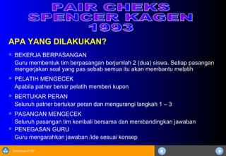 Sosialisasi KTSP
APA YANG DILAKUKAN?
 BEKERJA BERPASANGAN
Guru membentuk tim berpasangan berjumlah 2 (dua) siswa. Setiap pasangan
mengerjakan soal yang pas sebab semua itu akan membantu melatih
 PELATIH MENGECEK
Apabila patner benar pelatih memberi kupon
 BERTUKAR PERAN
Seluruh patner bertukar peran dan mengurangi langkah 1 – 3
 PASANGAN MENGECEK
Seluruh pasangan tim kembali bersama dan membandingkan jawaban
 PENEGASAN GURU
Guru mengarahkan jawaban /ide sesuai konsep
 