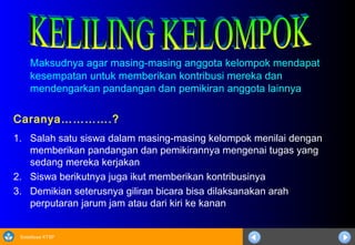 Sosialisasi KTSP
Maksudnya agar masing-masing anggota kelompok mendapat
kesempatan untuk memberikan kontribusi mereka dan
mendengarkan pandangan dan pemikiran anggota lainnya
Caranya………….?
1. Salah satu siswa dalam masing-masing kelompok menilai dengan
memberikan pandangan dan pemikirannya mengenai tugas yang
sedang mereka kerjakan
2. Siswa berikutnya juga ikut memberikan kontribusinya
3. Demikian seterusnya giliran bicara bisa dilaksanakan arah
perputaran jarum jam atau dari kiri ke kanan
 