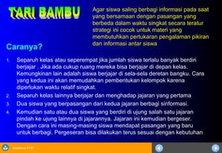 Sosialisasi KTSP
Caranya?
1. Separuh kelas atau seperempat jika jumlah siswa terlalu banyak berdiri
berjajar . Jika ada cukup ruang mereka bisa berjajar di depan kelas.
Kemungkinan lain adalah siswa berjajar di sela-sela deretan bangku. Cara
yang kedua ini akan memudahkan pembentukan kelompok karena
diperlukan waktu relatif singkat.
2. Separuh kelas lainnya berjajar dan menghadap jajaran yang pertama
3. Dua siswa yang berpasangan dari kedua jajaran berbagi sinformasi.
4. Kemudian satu atau dua siswa yang berdiri di ujung salah satu jajaran
pindah ke ujung lainnya di jajarannya. Jajaran ini kemudian bergeser.
Dengan cara ini masing-masing siswa mendapat pasangan yang baru
untuk berbagi. Pergeseran bisa dilakukan terus sesuai dengan kebutuhan
Agar siswa saling berbagi informasi pada saat
yang bersamaan dengan pasangan yang
berbeda dalam waktu singkat secara teratur
strategi ini cocok untuk materi yang
membutuhkan pertukaran pengalaman pikiran
dan informasi antar siswa
 
