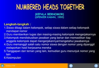 Sosialisasi KTSP
(KEPALA BERNOMOR)(KEPALA BERNOMOR)
(SPENCER KAGAN, 1992)(SPENCER KAGAN, 1992)
Langkah-langkah :
1.Siswa dibagi dalam kelompok, setiap siswa dalam setiap kelompok
mendapat nomor
2.Guru memberikan tugas dan masing-masing kelompok mengerjakannya
3.Kelompok mendiskusikan jawaban yang benar dan memastikan tiap
anggota kelompok dapat mengerjakannya/mengetahui jawabannya
4.Guru memanggil salah satu nomor siswa dengan nomor yang dipanggil
melaporkan hasil kerjasama mereka
5.Tanggapan dari teman yang lain, kemudian guru menunjuk nomor yang
lain
6.Kesimpulan
 