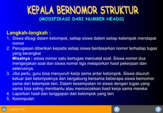 Sosialisasi KTSP
(MODIFIKASI DARI NUMBER HEADS)(MODIFIKASI DARI NUMBER HEADS)
Langkah-langkah :
1. Siswa dibagi dalam kelompok, setiap siswa dalam setiap kelompok mendapat
nomor
2. Penugasan diberikan kepada setiap siswa berdasarkan nomor terhadap tugas
yang berangkai
Misalnya : siswa nomor satu bertugas mencatat soal. Siswa nomor dua
mengerjakan soal dan siswa nomor tiga melaporkan hasil pekerjaan dan
seterusnya.
3. Jika perlu, guru bisa menyuruh kerja sama antar kelompok. Siswa disuruh
keluar dari kelompoknya dan bergabung bersama beberapa siswa bernomor
sama dari kelompok lain. Dalam kesempatan ini siswa dengan tugas yang
sama bisa saling membantu atau mencocokkan hasil kerja sama mereka
4. Laporkan hasil dan tanggapan dari kelompok yang lain
5. Kesimpulan
 