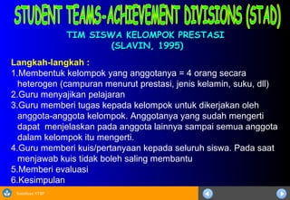 Sosialisasi KTSP
TIM SISWA KELOMPOK PRESTASITIM SISWA KELOMPOK PRESTASI
(SLAVIN, 1995)(SLAVIN, 1995)
Langkah-langkah :
1.Membentuk kelompok yang anggotanya = 4 orang secara
heterogen (campuran menurut prestasi, jenis kelamin, suku, dll)
2.Guru menyajikan pelajaran
3.Guru memberi tugas kepada kelompok untuk dikerjakan oleh
anggota-anggota kelompok. Anggotanya yang sudah mengerti
dapat menjelaskan pada anggota lainnya sampai semua anggota
dalam kelompok itu mengerti.
4.Guru memberi kuis/pertanyaan kepada seluruh siswa. Pada saat
menjawab kuis tidak boleh saling membantu
5.Memberi evaluasi
6.Kesimpulan
 
