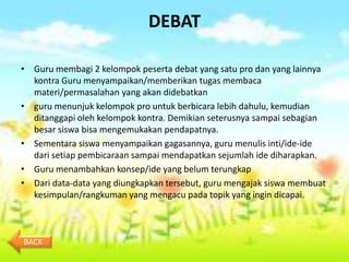 DEBAT

• Guru membagi 2 kelompok peserta debat yang satu pro dan yang lainnya
  kontra Guru menyampaikan/memberikan tugas membaca
  materi/permasalahan yang akan didebatkan
• guru menunjuk kelompok pro untuk berbicara lebih dahulu, kemudian
  ditanggapi oleh kelompok kontra. Demikian seterusnya sampai sebagian
  besar siswa bisa mengemukakan pendapatnya.
• Sementara siswa menyampaikan gagasannya, guru menulis inti/ide-ide
  dari setiap pembicaraan sampai mendapatkan sejumlah ide diharapkan.
• Guru menambahkan konsep/ide yang belum terungkap
• Dari data-data yang diungkapkan tersebut, guru mengajak siswa membuat
  kesimpulan/rangkuman yang mengacu pada topik yang ingin dicapai.



BACK
 