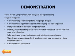 DEMONSTRATION
untuk materi yang memerlukan peragaan atau percobaan)
Langkah-langkah :
• Guru menyampaikan kompetensi yang ingin dicapai
• Guru menyajikan gambaran sekilas materi yang akan disampaikan
• Menyiapkan bahan atau alat yang diperlukan
• Menunjuk salah seorang siswa untuk mendemontrasikan sesuai skenario
   yang telah disiapkan.
• Seluruh siswa memperhatikan demontrasi dan menganalisanya.
• Tiap siswa mengemukakan hasil analisanya dan juga pengalaman siswa
   didemontrasikan.
• Guru membuat kesimpulan


BACK
 