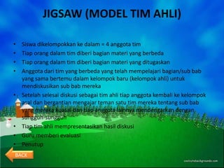 JIGSAW (MODEL TIM AHLI)

•   Siswa dikelompokkan ke dalam = 4 anggota tim
•   Tiap orang dalam tim diberi bagian materi yang berbeda
•   Tiap orang dalam tim diberi bagian materi yang ditugaskan
•   Anggota dari tim yang berbeda yang telah mempelajari bagian/sub bab
    yang sama bertemu dalam kelompok baru (kelompok ahli) untuk
    mendiskusikan sub bab mereka
•   Setelah selesai diskusi sebagai tim ahli tiap anggota kembali ke kelompok
    asal dan bergantian mengajar teman satu tim mereka tentang sub bab
    yang mereka kuasai dan tiap anggota lainnya mendengarkan dengan
    sungguh-sungguh
•   Tiap tim ahli mempresentasikan hasil diskusi
•   Guru memberi evaluasi
•   Penutup
BACK
 