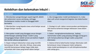 Kelebihan dan kelemahan Inkuiri :
KELEBIHAN KELEMAHAN
1. Menekankan pengembangan aspek kognitif, afektif,
dan psikomotor secara seimbang, sehingga
Pembelajaran melalui model ini dianggap lebih
bermakna.
1. Jika menggunakan model pembelajaran ini, maka
akan sulit untuk mengontrol kegiatan dan keberhasilan
siswa.
2. Memberikan ruang kepada siswa untuk belajar sesuai
dengan belajar mereka.
2. Strategi ini sulit dalam merencanakan pembelajaran
oleh karena terbentuk dengan kebiasaan siswa dalam
belajar.
3. Merupakan model yang dianggap sesuai dengan
perkembangan psikologi belajar modern yang
menganggap belajar adalah proses perubahan tingkah
laku berkat adanya pengalaman
3. Dalam mengimplementasikannya, kadang
memerlukan waktu yang panjang sehingga sering guru
sulit menyesuaikannya dengan waktu yang telah
ditentukan
4. Dapat melayani kebutuhan siswa yang memiliki
kemampuan di atas rata-rata. Artinya, siswa yang
memiliki kemampuan belajar bagus tidak akan
terhambat oleh siswa yang lemah dalam belajar
4. Selama kriteria keberhasilan belajar ditentukan oleh
kemampuan siswa menguasai materi pelajaran,
maka model pembelajaran ini sulit diimplementasikan
oleh setiap guru.
 
