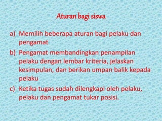 Aturan bagi siswa
a) Memilih beberapa aturan bagi pelaku dan
pengamat
b) Pengamat membandingkan penampilan
pelaku dengan lembar kriteria, jelaskan
kesimpulan, dan berikan umpan balik kepada
pelaku
c) Ketika tugas sudah dilengkapi oleh pelaku,
pelaku dan pengamat tukar posisi.
 