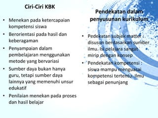 Ciri-Ciri KBK
                                       Pendekatan dalam
• Menekan pada ketercapaian          penyusunan kurikulum
  kompetensi siswa
• Berorientasi pada hasil dan     • Pedekatan subjek matter :
  keberagaman                       disusun berdasarkan sumber
• Penyampaian dalam                 ilmu. Isi pelajara sangat
  pembelajaran menggunakan          mirip dengan konsep
  metode yang bervariasi          • Pendekatan kompetensi :
• Sumber daya bukan hanya           siswa mampu menguasai
  guru, tetapi sumber daya          kompetensi tertentu. Ilmu
  lainnya yang memenuhi unsur       sebagai penunjang
  edukatif
• Penilaian menekan pada proses
  dan hasil belajar
 