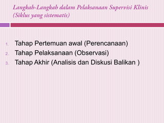1.
2.
3.

Tahap Pertemuan awal (Perencanaan)
Tahap Pelaksanaan (Observasi)
Tahap Akhir (Analisis dan Diskusi Balikan )

 