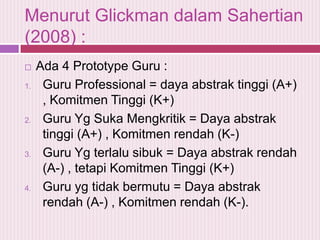 Menurut Glickman dalam Sahertian
(2008) :

1.

2.

3.

4.

Ada 4 Prototype Guru :
Guru Professional = daya abstrak tinggi (A+)
, Komitmen Tinggi (K+)
Guru Yg Suka Mengkritik = Daya abstrak
tinggi (A+) , Komitmen rendah (K-)
Guru Yg terlalu sibuk = Daya abstrak rendah
(A-) , tetapi Komitmen Tinggi (K+)
Guru yg tidak bermutu = Daya abstrak
rendah (A-) , Komitmen rendah (K-).

 