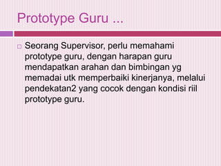 Prototype Guru ...


Seorang Supervisor, perlu memahami
prototype guru, dengan harapan guru
mendapatkan arahan dan bimbingan yg
memadai utk memperbaiki kinerjanya, melalui
pendekatan2 yang cocok dengan kondisi riil
prototype guru.

 