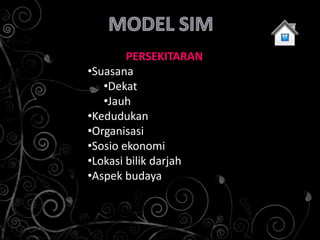 PERSEKITARAN
•Suasana
   •Dekat
   •Jauh
•Kedudukan
•Organisasi
•Sosio ekonomi
•Lokasi bilik darjah
•Aspek budaya
 