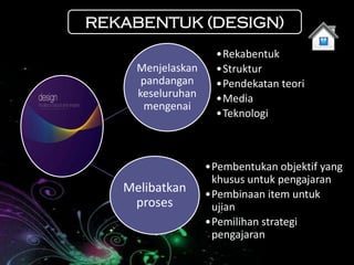 REKABENTUK (DESIGN)
                     •Rekabentuk
     Menjelaskan     •Struktur
      pandangan      •Pendekatan teori
     keseluruhan     •Media
      mengenai
                     •Teknologi



                   •Pembentukan objektif yang
                    khusus untuk pengajaran
   Melibatkan      •Pembinaan item untuk
    proses          ujian
                   •Pemilihan strategi
                    pengajaran
 