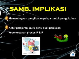 SAMB. IMPLIKASI
Mementingkan penglibatan pelajar untuk pengukuhan


Akhir pelajaran, guru perlu buat penilaian
keberkesanan proses P & P
 