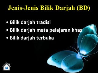 Jenis‐Jenis Bilik Darjah (BD)

• Bilik darjah tradisi
• Bilik darjah mata pelajaran khas
• Bilik darjah terbuka
 