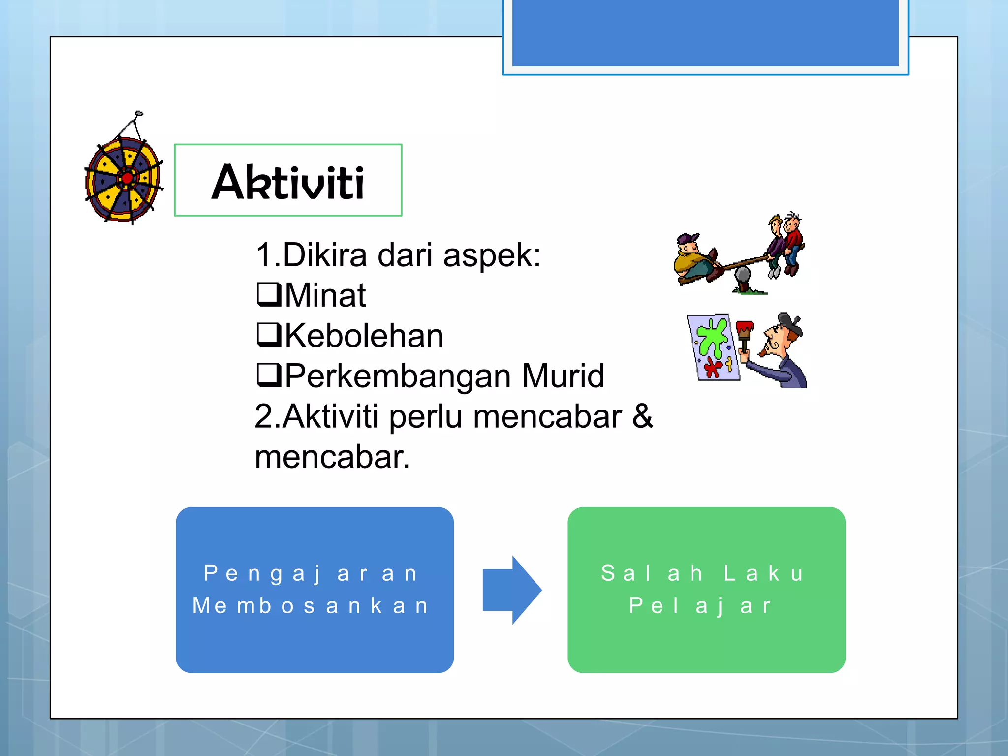 Aktiviti
     1.Dikira dari aspek:
     Minat
     Kebolehan
     Perkembangan Murid
     2.Aktiviti perlu mencabar &
     mencabar.


 Pe n g a j a r a n         Sa l a h L a k u
Me mb o s a n k a n          Pe l a j a r
 