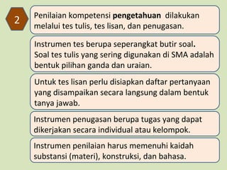 2

Penilaian kompetensi pengetahuan dilakukan
melalui tes tulis, tes lisan, dan penugasan.
Instrumen tes berupa seperangkat butir soal.
Soal tes tulis yang sering digunakan di SMA adalah
bentuk pilihan ganda dan uraian.
Untuk tes lisan perlu disiapkan daftar pertanyaan
yang disampaikan secara langsung dalam bentuk
tanya jawab.
Instrumen penugasan berupa tugas yang dapat
dikerjakan secara individual atau kelompok.
Instrumen penilaian harus memenuhi kaidah
substansi (materi), konstruksi, dan bahasa.

 