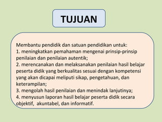 TUJUAN
Membantu pendidik dan satuan pendidikan untuk:
1. meningkatkan pemahaman mengenai prinsip-prinsip
penilaian dan penilaian autentik;
2. merencanakan dan melaksanakan penilaian hasil belajar
peserta didik yang berkualitas sesuai dengan kompetensi
yang akan dicapai meliputi sikap, pengetahuan, dan
keterampilan;
3. mengolah hasil penilaian dan menindak lanjutinya;
4. menyusun laporan hasil belajar peserta didik secara
objektif, akuntabel, dan informatif.

 